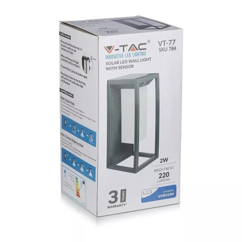 Kinkiet Ogrodowy Ścienny Solarny V-TAC 2W LED SAMSUNG CHIP Szary 2-funkcje IP65 VT-77 3000K 220lm 3 Lata Gwarancji Kinkiet Ogrodowy Ścienny Solarny V-TAC 2W LED SAMSUNG CHIP Szary 2-funkcje IP65 VT-77 3000K 220lm 3 Lata Gwarancji