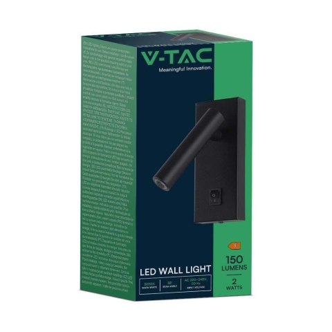 Oprawa LED V-TAC 2W Kinkiet Hotel Łóżko Włącznik Czarny VT-402 3000K 150lm Oprawa LED V-TAC 2W Kinkiet Hotel Łóżko Włącznik Czarny VT-402 3000K 150lm