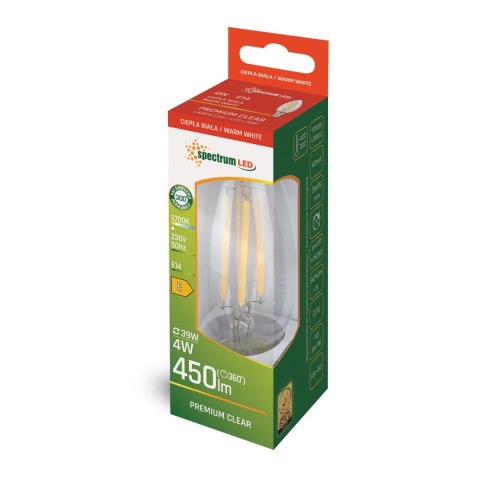 LED ŚWIECOWA E-14 230V 4W COG BIAŁA CIEPŁA CLEAR SPECTRUM LED ŚWIECOWA E-14 230V 4W COG BIAŁA CIEPŁA CLEAR SPECTRUM