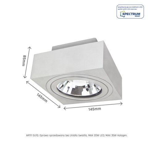 MIRORA AR111 NATYNKOWA GU10 250V IP20 145X145X85mm BIAŁY kwadratowa ruchoma MIRORA AR111 NATYNKOWA GU10 250V IP20 145X145X85mm BIAŁY kwadratowa ruchoma