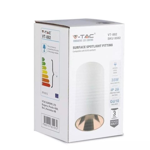 Oprawa Sufitowa V-TAC GU10 Okrągła Natynkowa Tuba Biały+Różowe Złoto 80x140mm VT-882-R 3 Lata Gwarancji Oprawa Sufitowa V-TAC GU10 Okrągła Natynkowa Tuba Biały+Różowe Złoto 80x140mm VT-882-R 3 Lata Gwarancji
