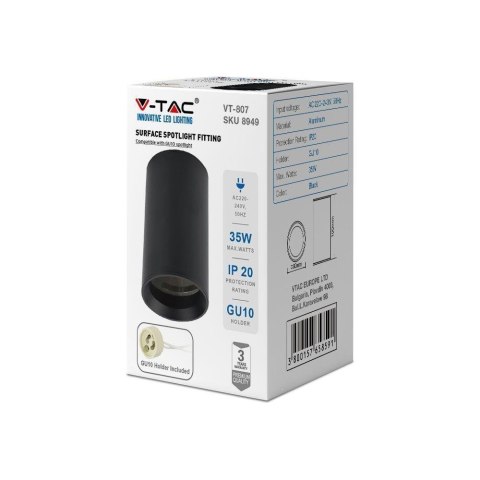 Oprawa V-TAC Aluminiowa GU10 Okrągła Natynkowa Tuba Czarna 60x100mm VT-807-B 3 Lata Gwarancji Oprawa V-TAC Aluminiowa GU10 Okrągła Natynkowa Tuba Czarna 60x100mm VT-807-B 3 Lata Gwarancji